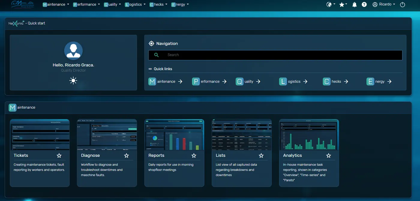 Nexonic-Dashboard mit Modulen für Qualität, Instandhaltung und Leistung