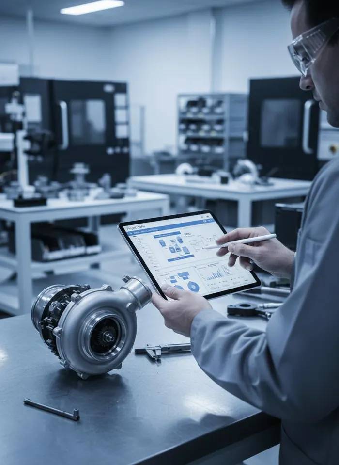 Technician checking machine data on a tablet